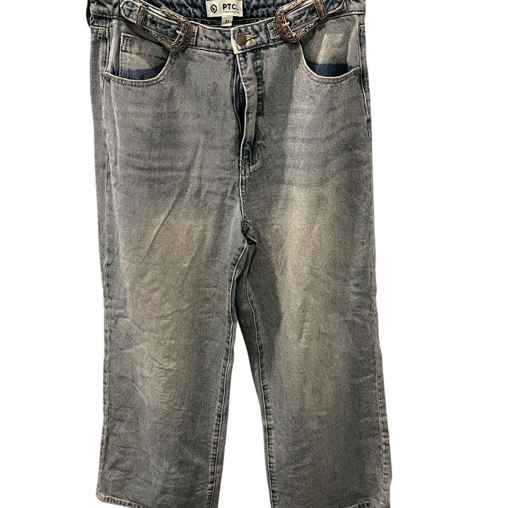PTCL Wide Leg Jeans Western Silver Buckles Blue Denim Size 31 Casual Flare